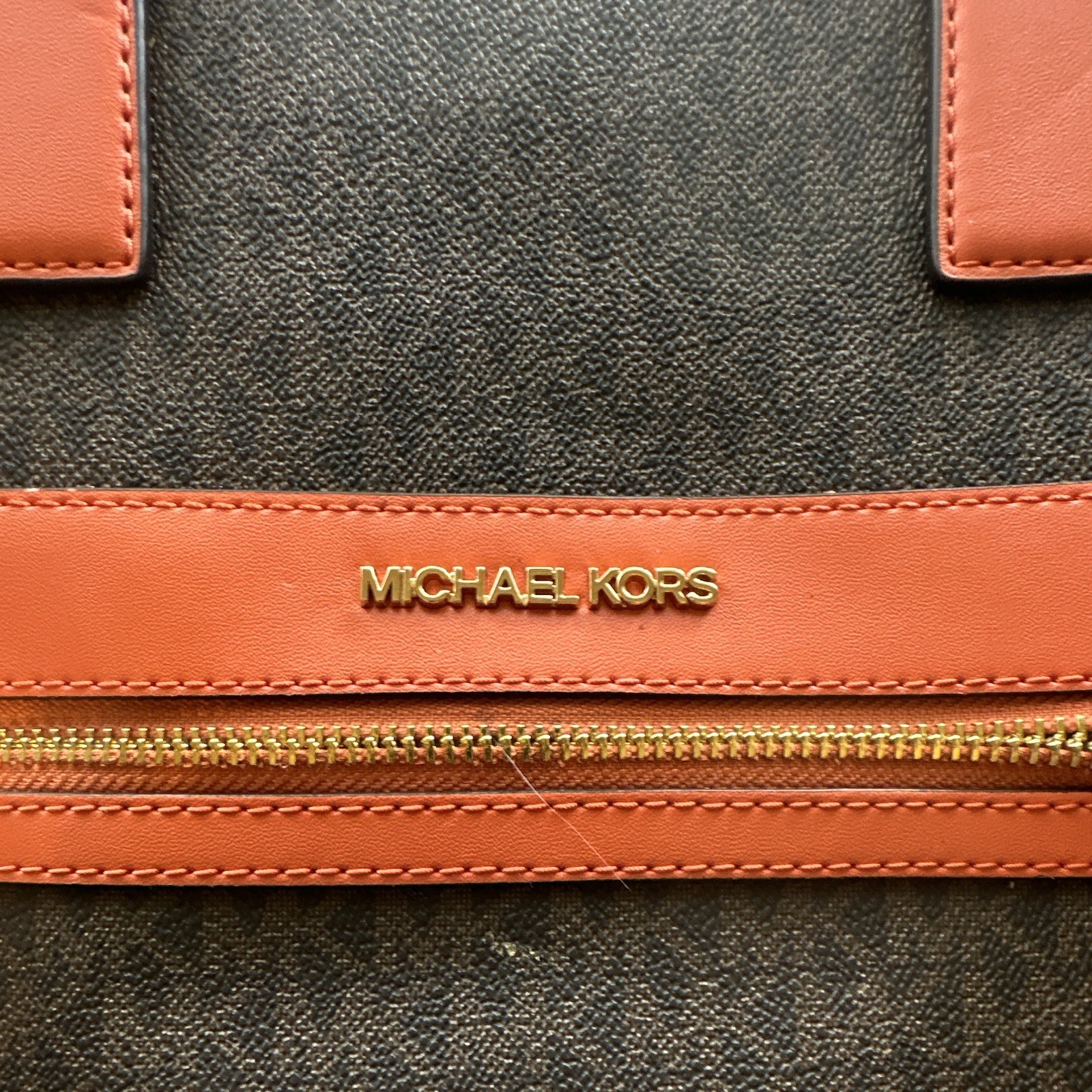 Michael Kors Brown Logo Tote Orange Trim Front Zip Pocket Detachable Strap