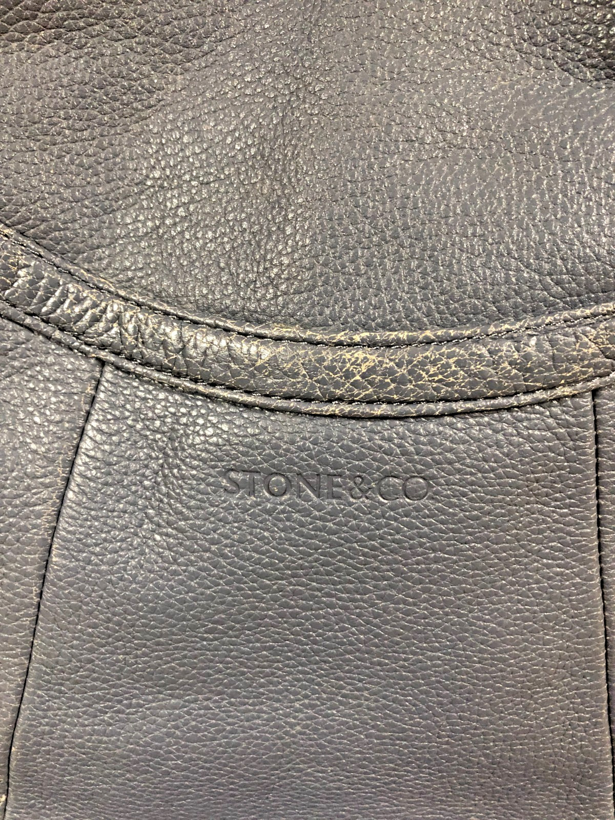 Stone & Company Blue Gray pebbled Leather Bucket shoulder bag, pockets