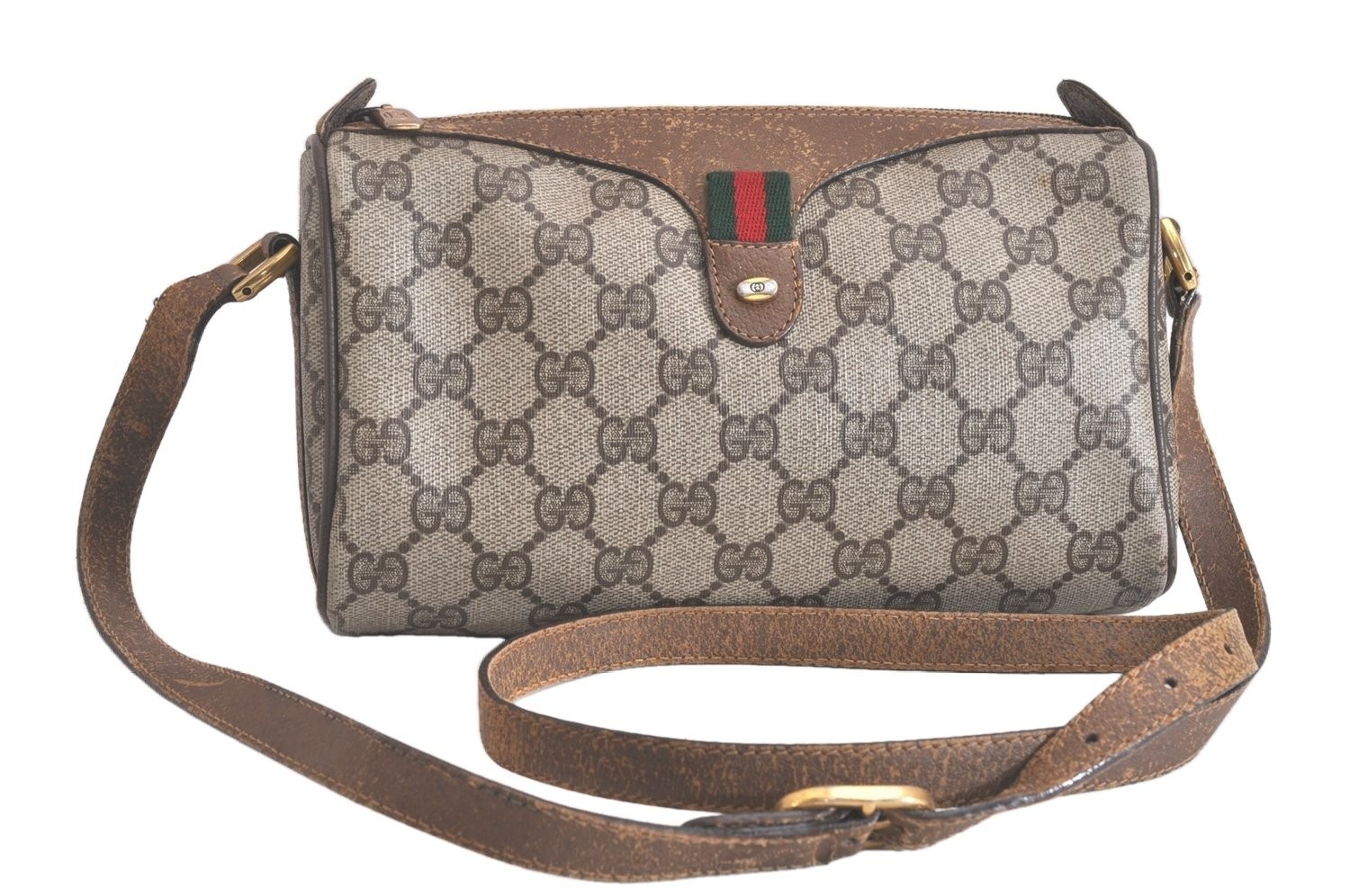 Authentic GUCCI Web Sherry Line Shoulder Bag GG PVC Leather Brown Junk 439AA