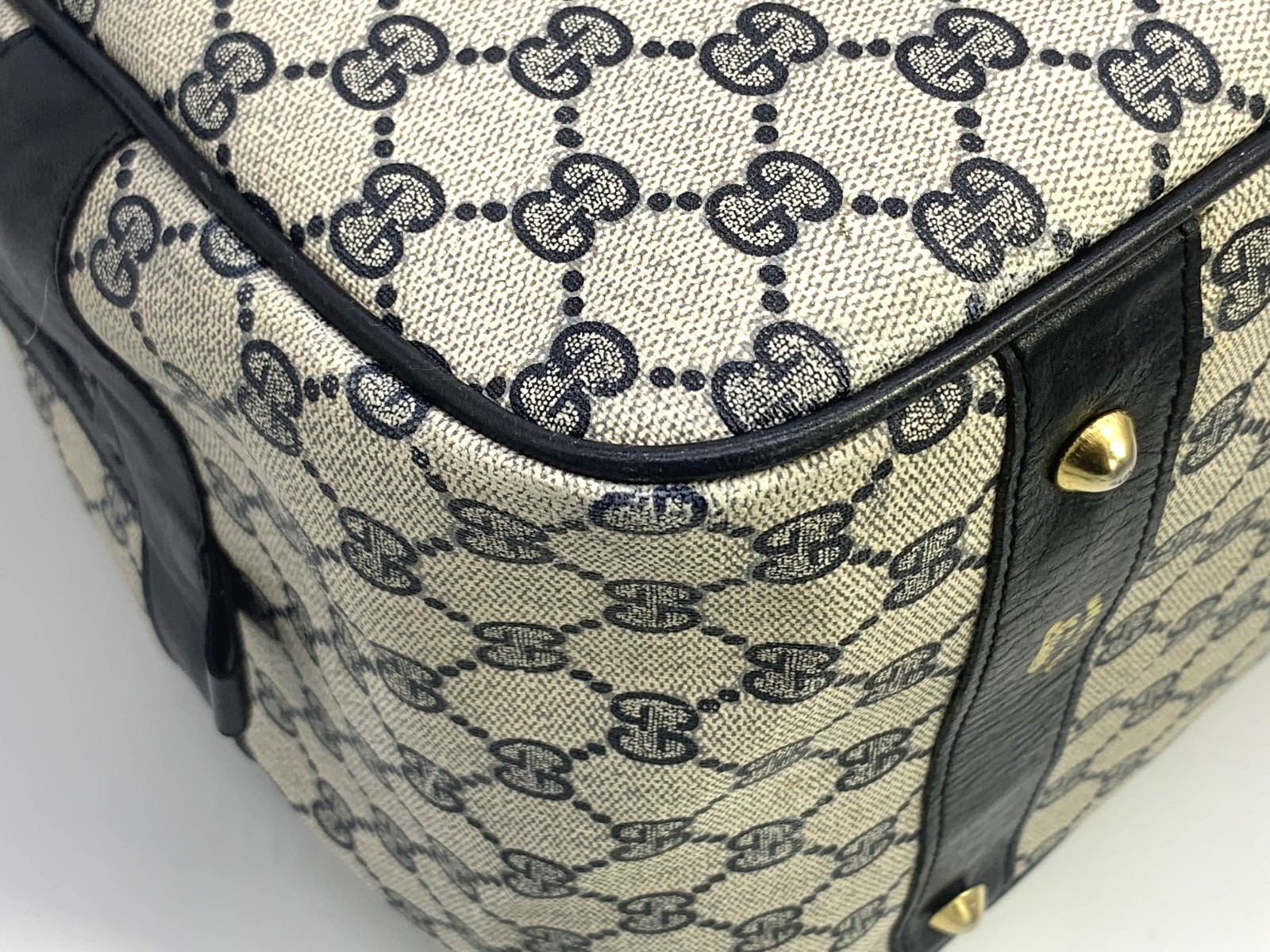 GUCCI VINTAGE Web Stripe Handbag Boston GG Supreme Navy Rare Large Authentic