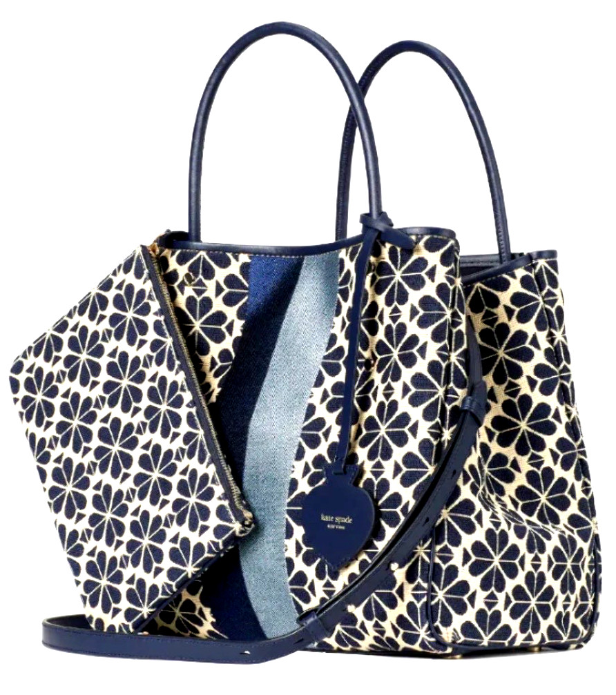 Kate Spade Jacquard Large Italian Tote Bag Everything Blue Floral Wristlet NWT