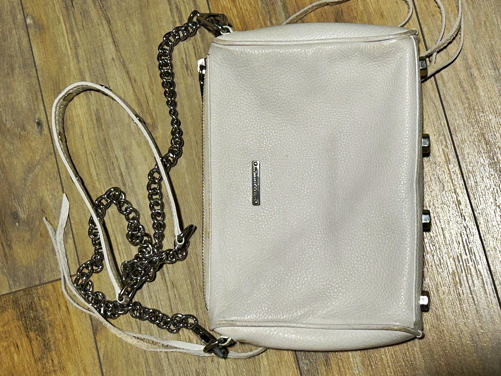 White Pebbled Small Crossbody Bag, Triple Zip, Silver Chain Strap, Studs