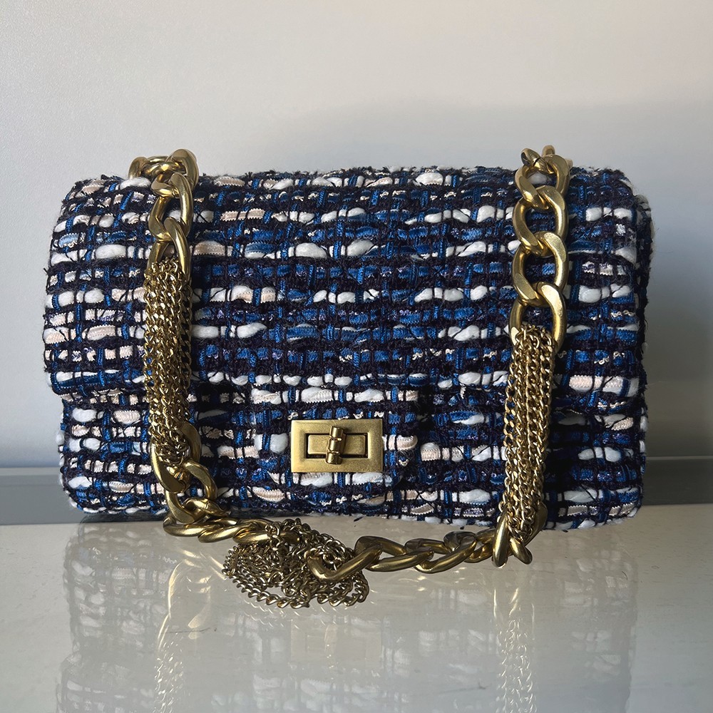 Quilted Tweed Shoulder Bag with Gold Chain Strap multiple colors available