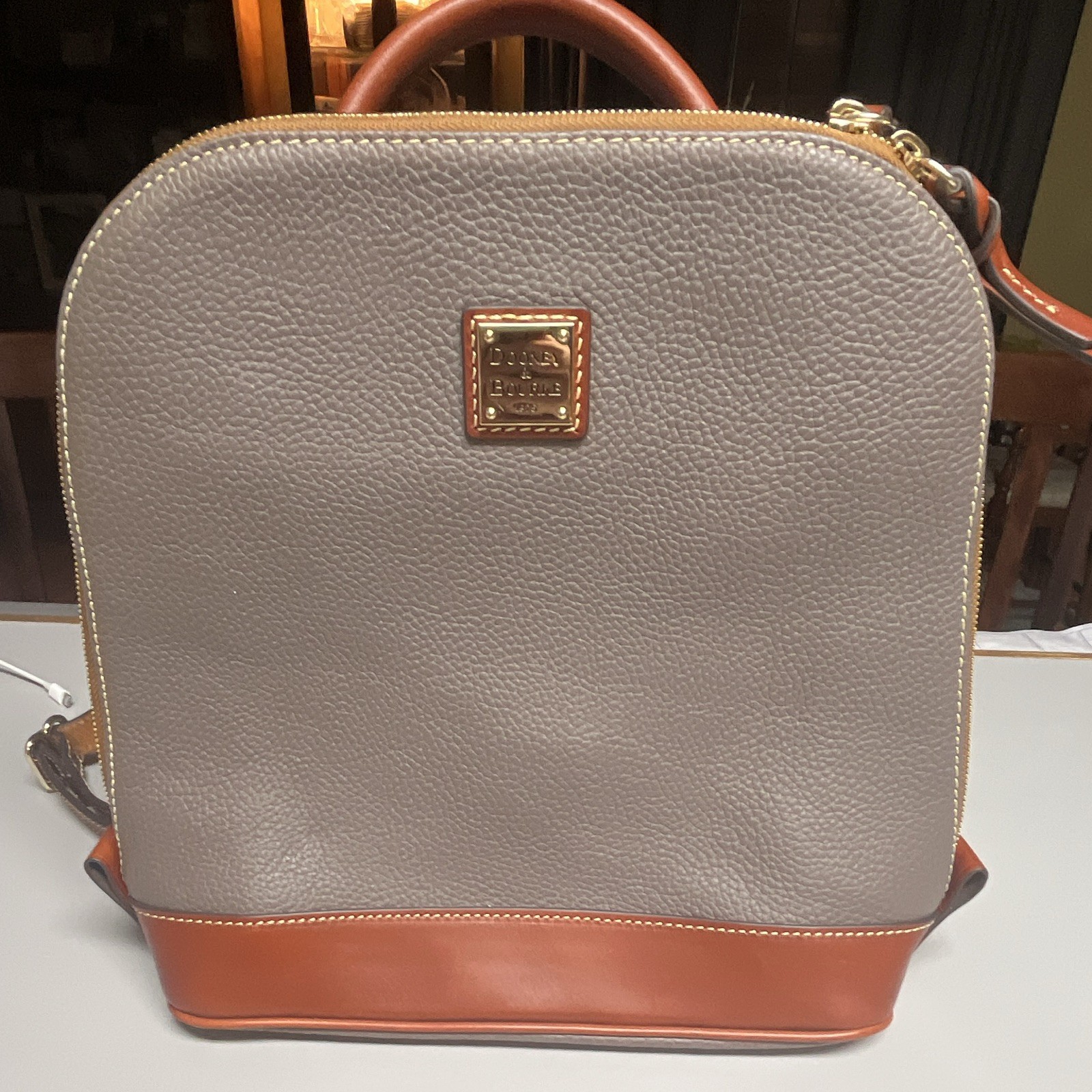 Dooney & Bourke Women’s Pebbled Backpack Gray/Brown Zip Top Handle Gold