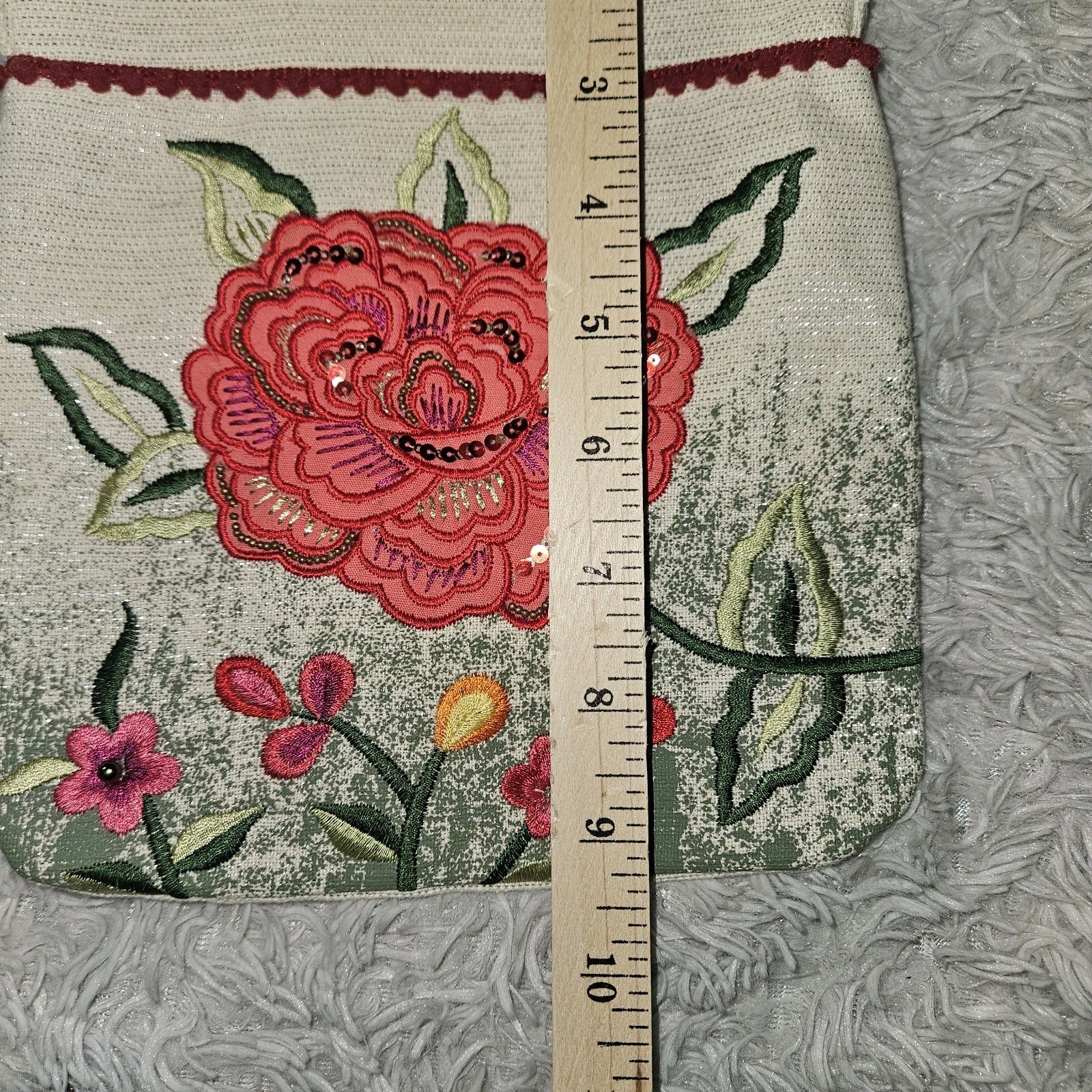 Embroidered Pink Rose Linen Crossbody Bag Purse Sequin Floral Metallic New