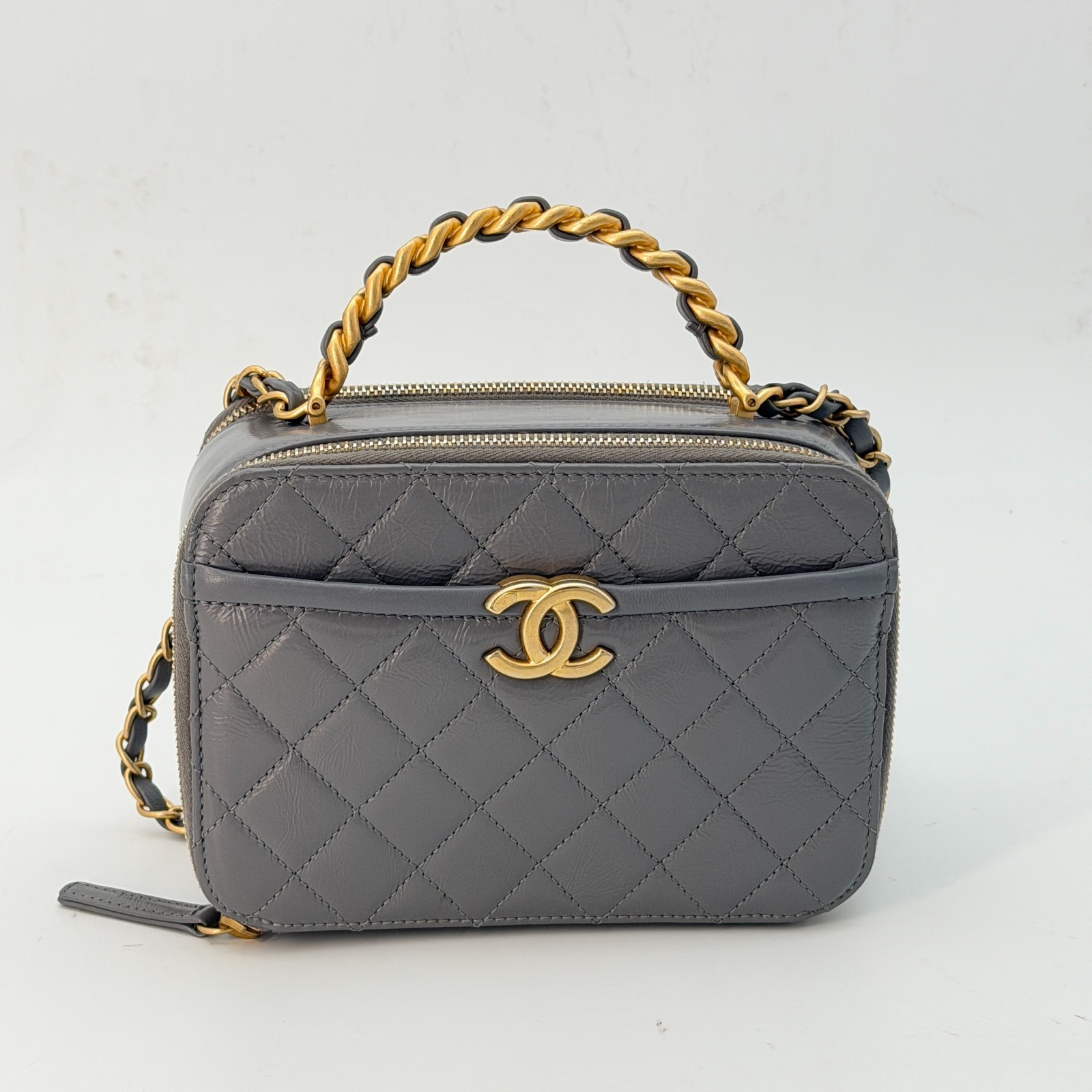 Chanel Grey Shiny Calfskin Top Handle Bag