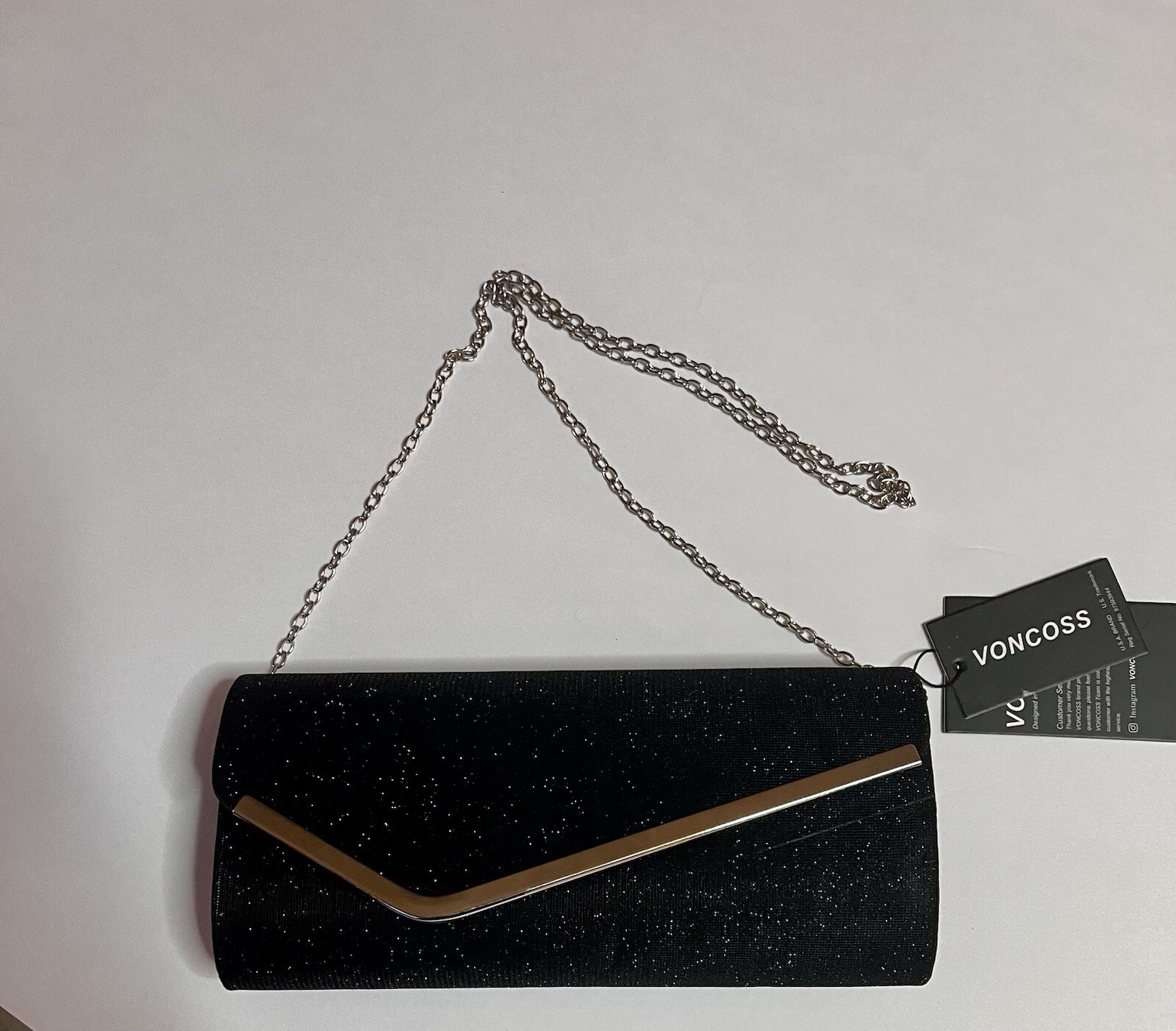 Voncoss Evening Bag Clutch Purse Shimmering Black Snap 23″ Detachable Chain