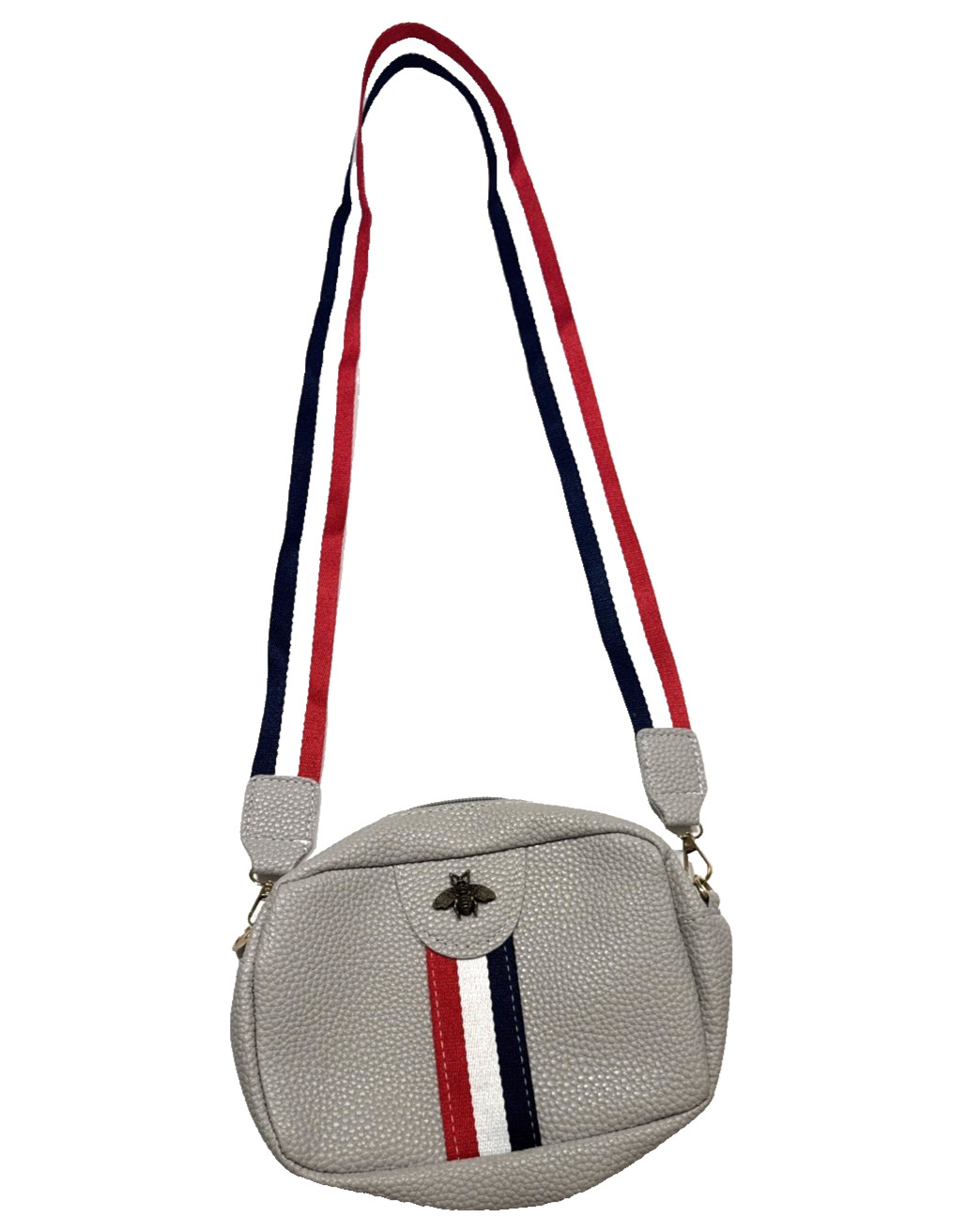 Vegan Leather Bee Crossbody Zip Top Bag with Stripe Strap
