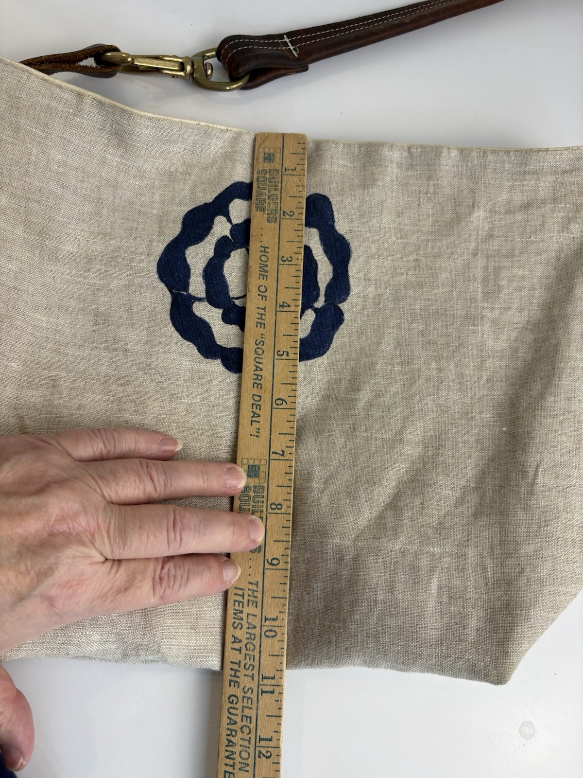 Hand Crafted Shoulder Tote Bag Linen Cotton Canvas Blue Flower Leather Strap