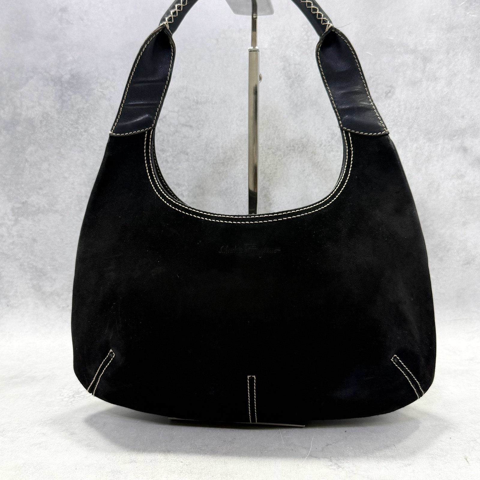 Salvatore Ferragamo Authentic Suede Hobo Shoulder Bag Black Logo Half Moon