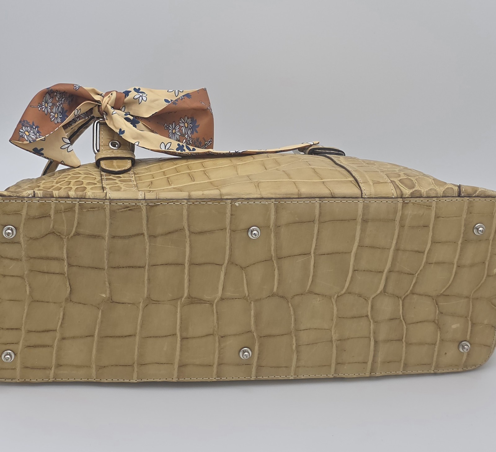 Dooney & Bourke Tan Croc-Embossed Zip Satchel Scarf, Studs, Pockets, Silver