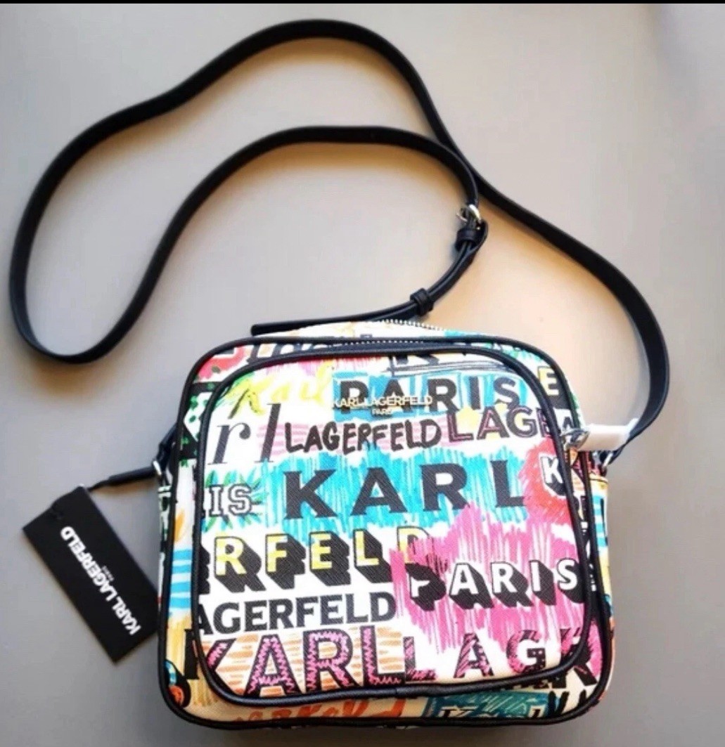 KARL LAGERFELD PARIS ~ GRAFFITI CAMERA CROSSBODY BAG ~ WHITE MULTI ~ NWT