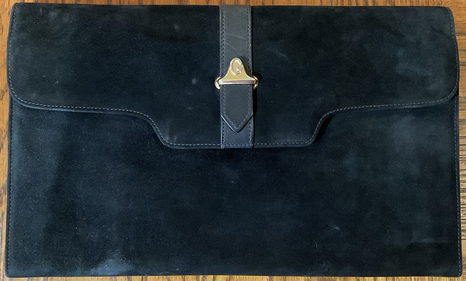 Vintage Gucci Black Suede Clutch, 11 1/2 by 7″, Leather Lining, Made in Italy