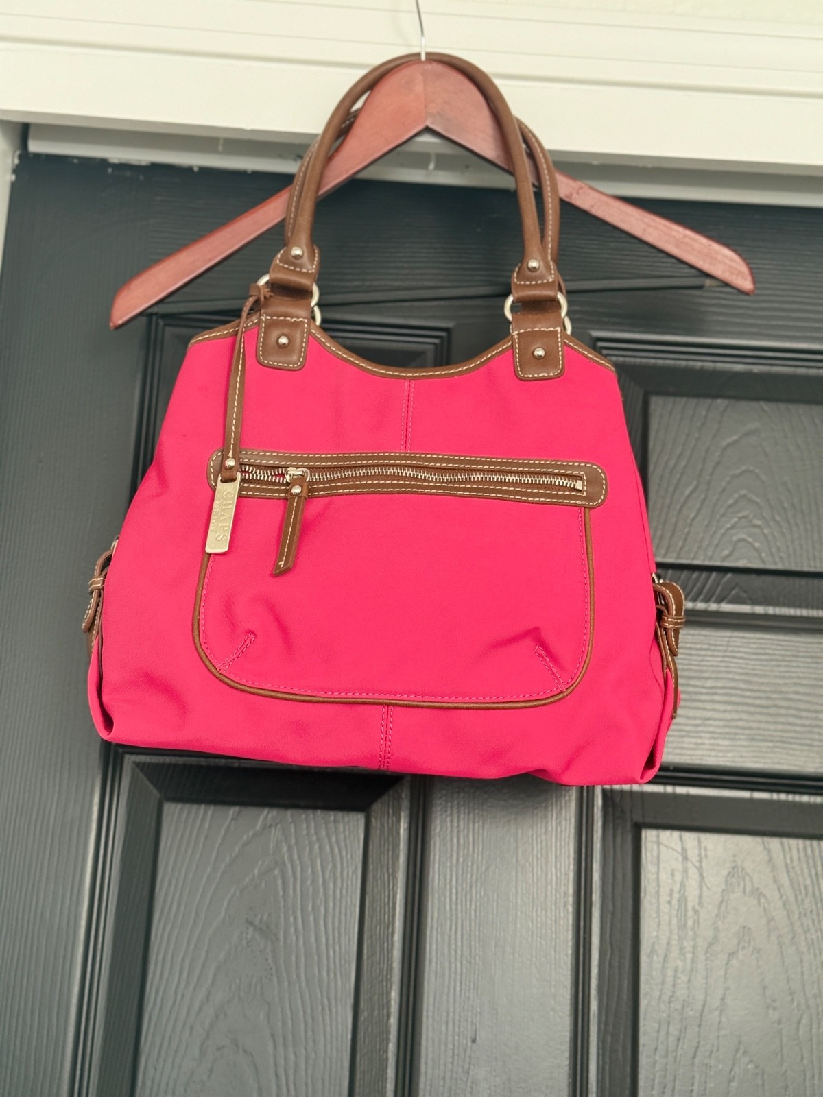 Chaps Hot Pink Nylon Satchel Shoulder Bag with Brown Faux Leather Trim