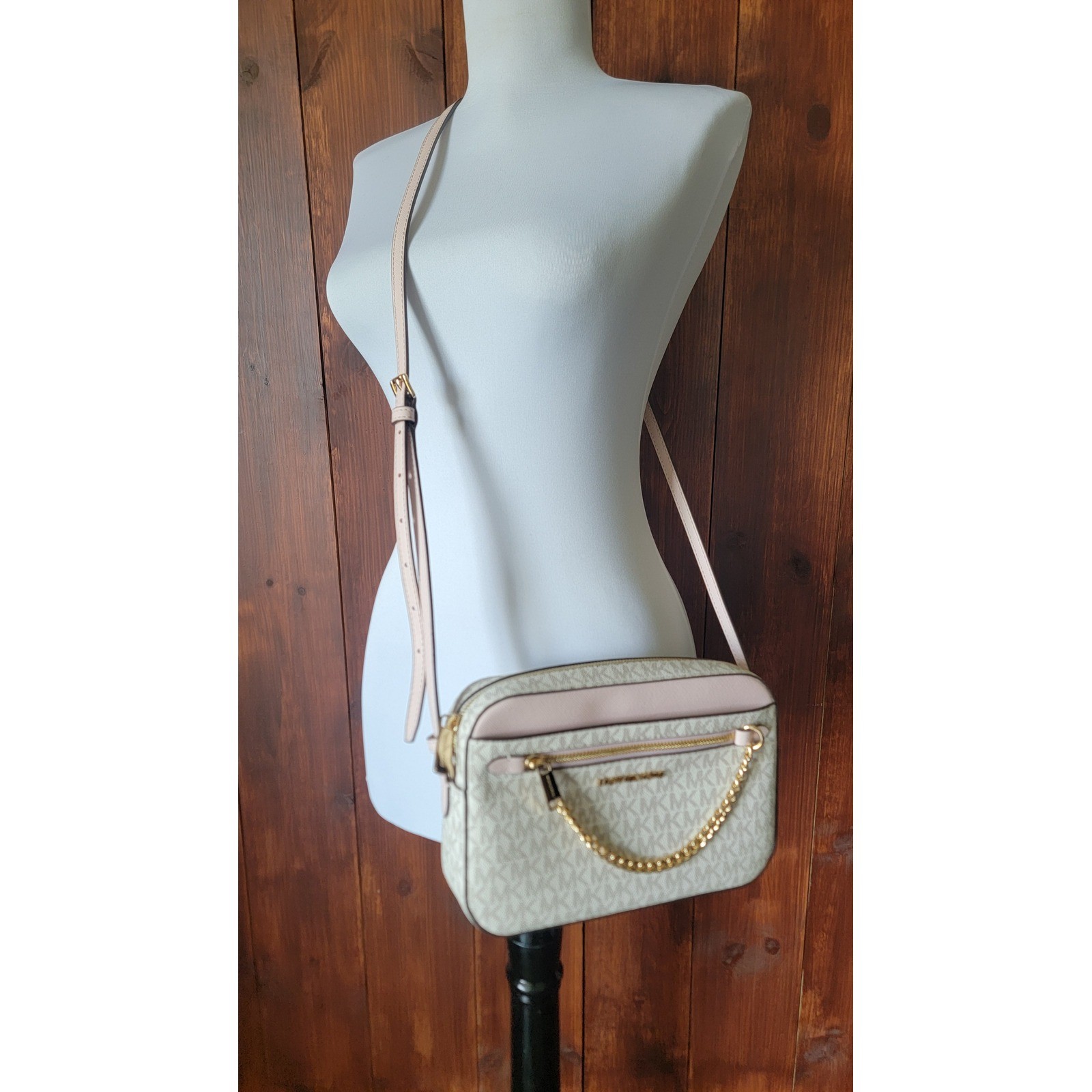 Michael Kors Jet Set Large Zip Chain Crossbody Bag Vanilla Powder Blush Logo