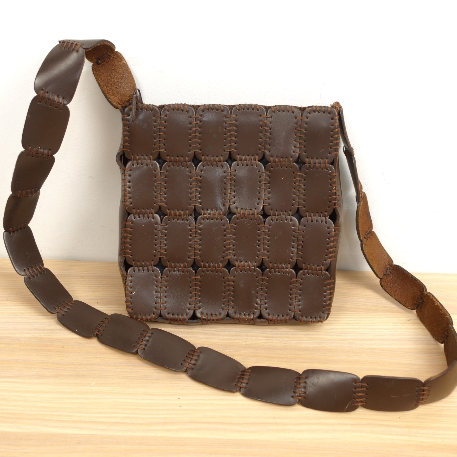 Vintage Real Leather Patchwork Crossbody Bag Brown Boho 70s Hippie JOSEPH B