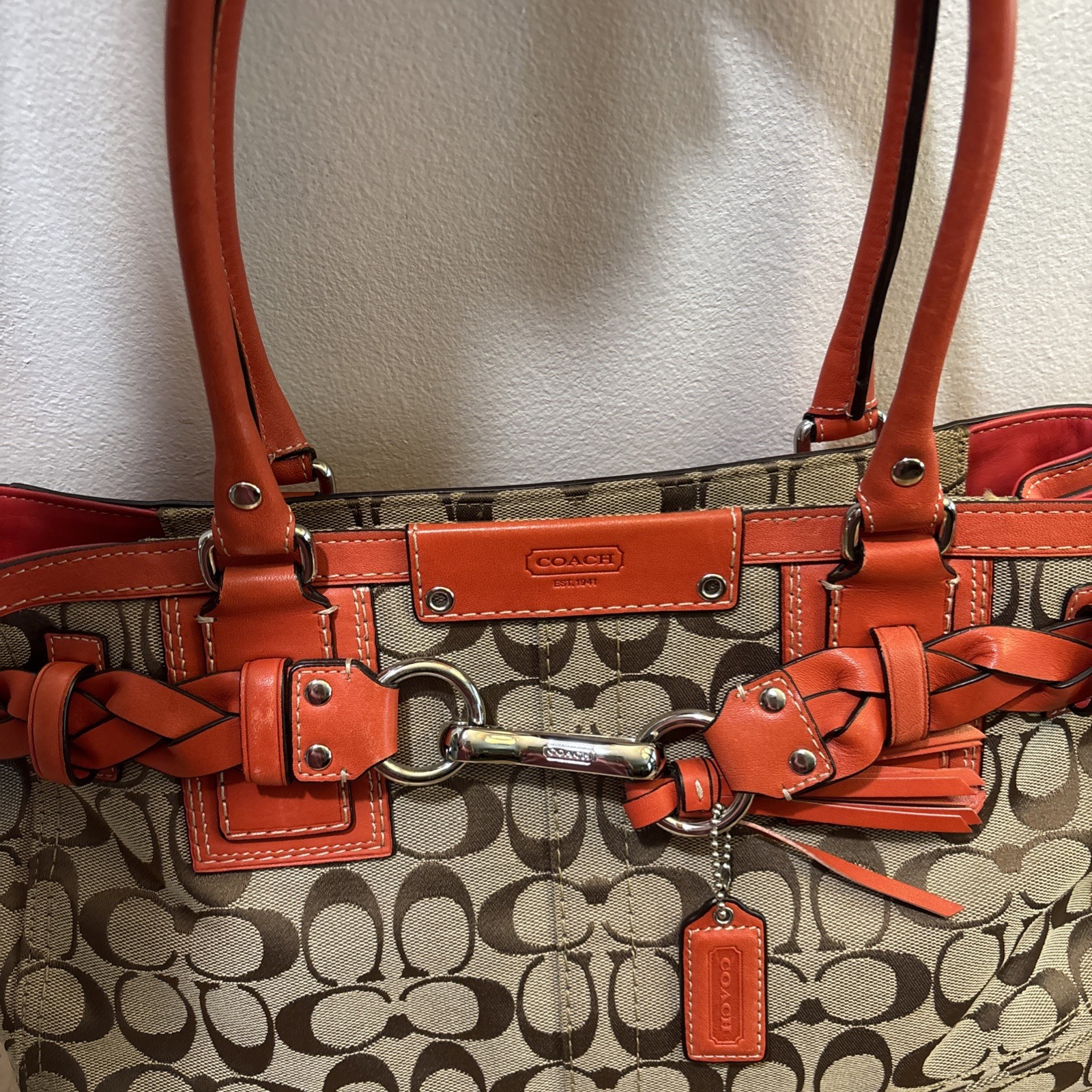 Coach Hampton Signature Logo Braided Leather Carryall Tote Handbag