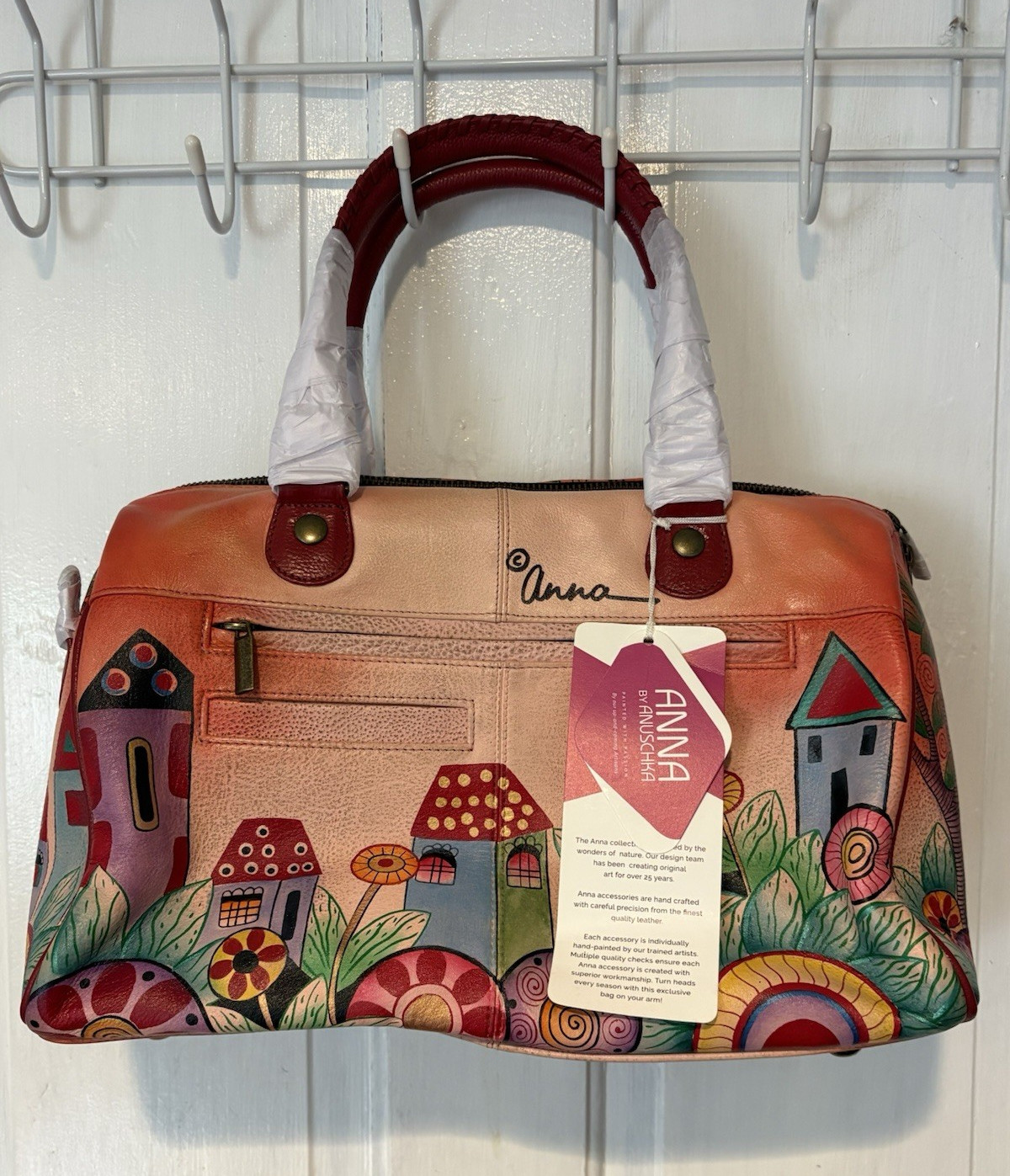Anna Anuschka Hand Painted Leather Satchel, Purse, Multicolor Zip, Strap