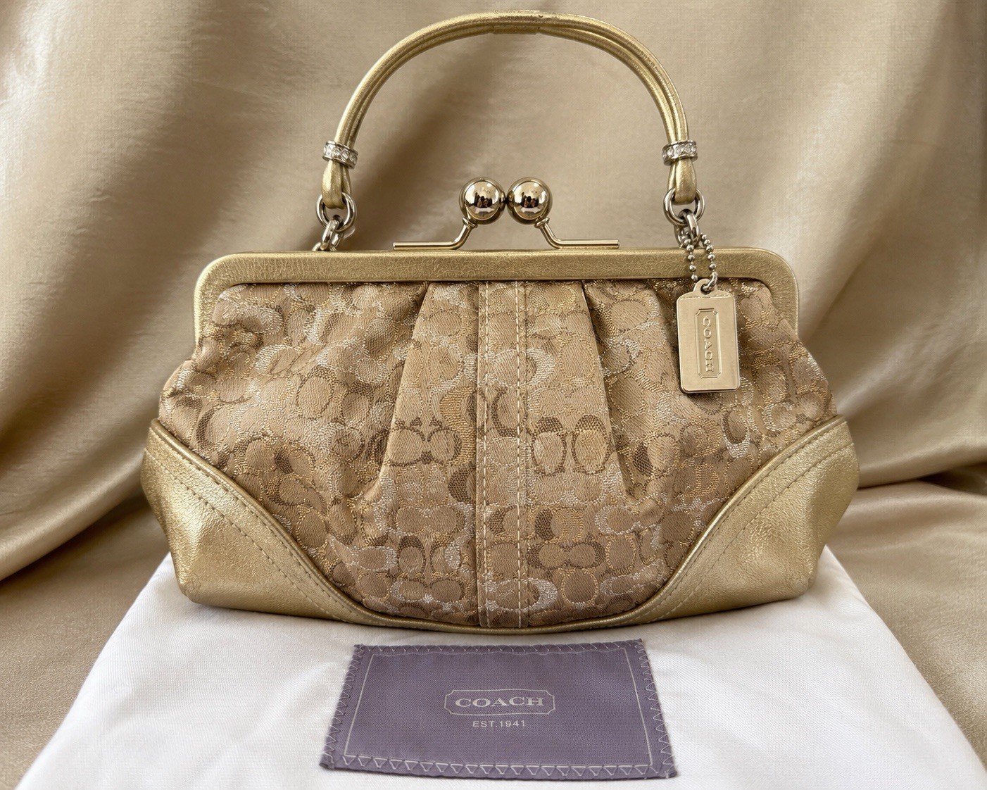 Coach 2005 Holiday Limited Edition Gold Lurex Signature Kisslock Bag Unused