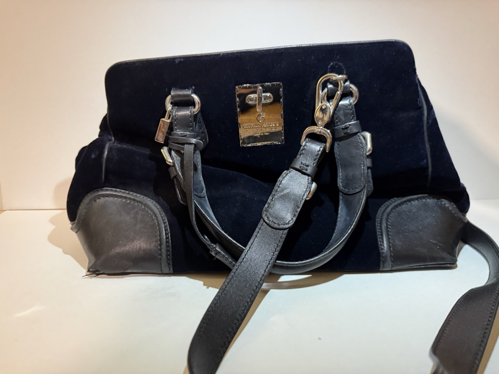 Giorgio Armani Black Velvet Satchel Bag Leather Trim Shoulder Strap – Repair