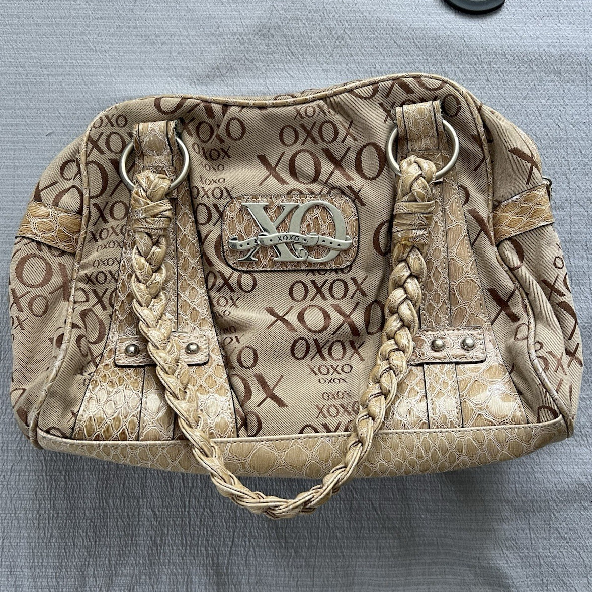 XOXO Logo Satchel Top Handle Bag Beige/Brown Zip Braided Handles Silver