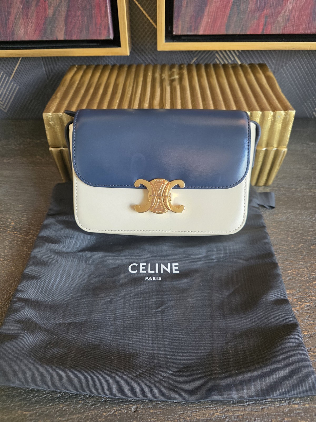Celine Nano Triomphe Bag in Shiny Calfskin – Navy Blue/Vanilla