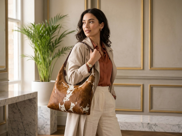 Cowhide Leather Hobo Bag Women Brown White Shoulder Strap New