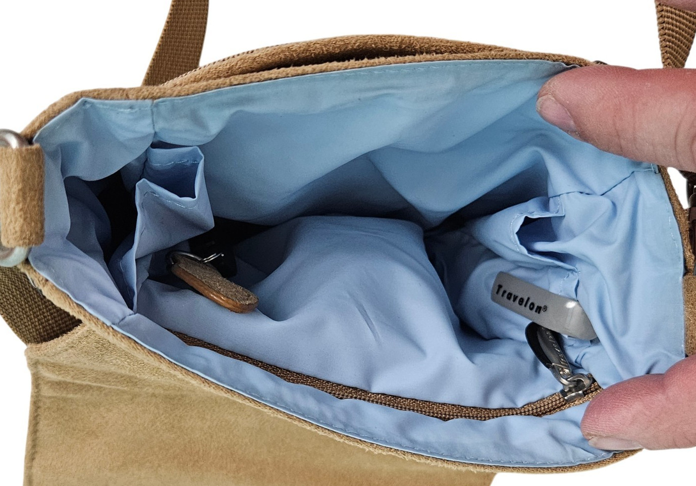 Travelon Crossbody Bag Travel Organizer Microsuede Passport Wallet Mirror Tan