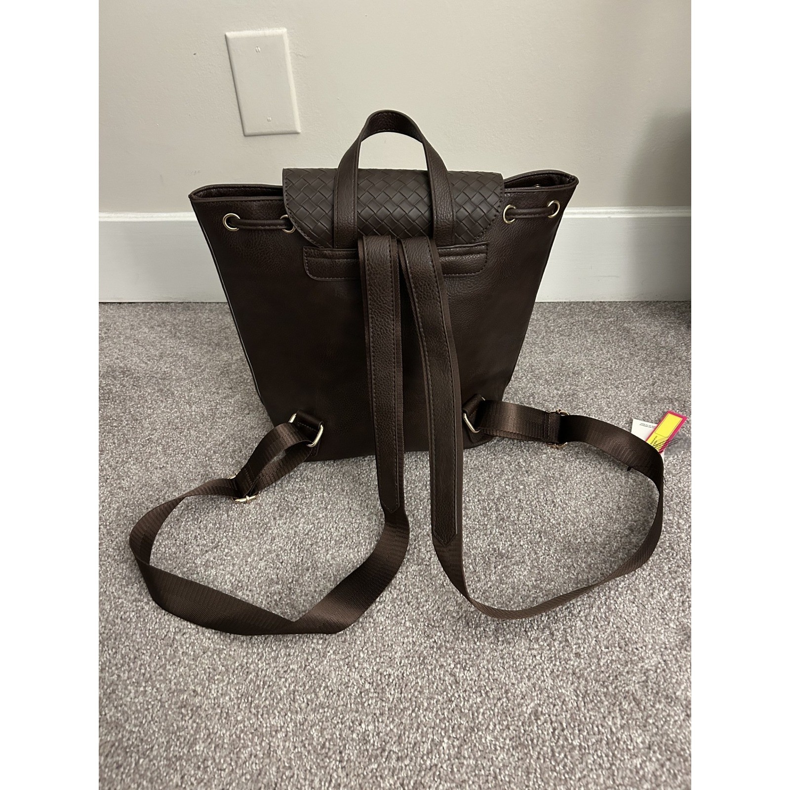 Catherine Malandrino Backpack Womens OS Brown New Woven Faux Leather Drawstring