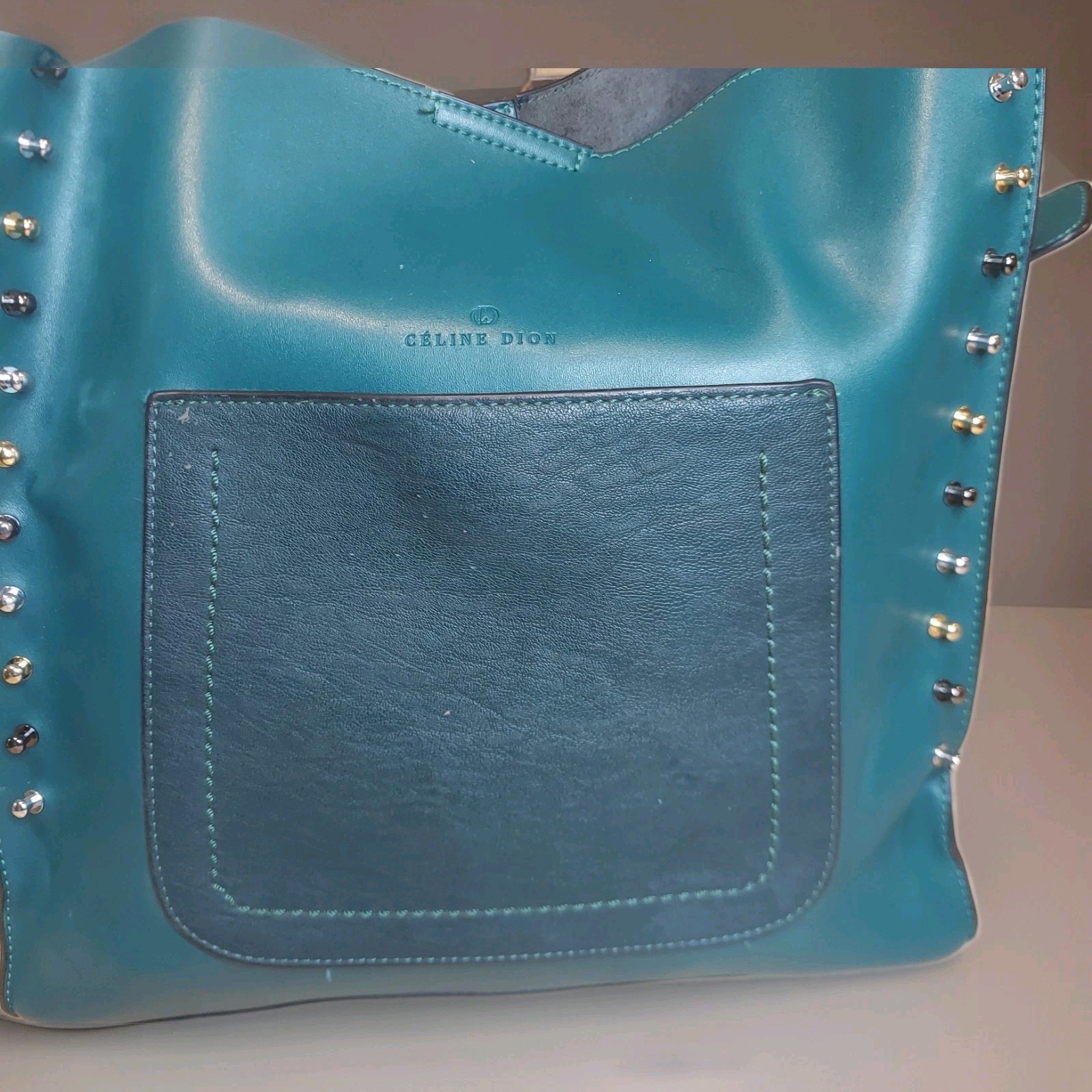 Celine Dion Teal Hobo Bag HB05258 Studded Faux Leather w/ Detachable Pouch Large