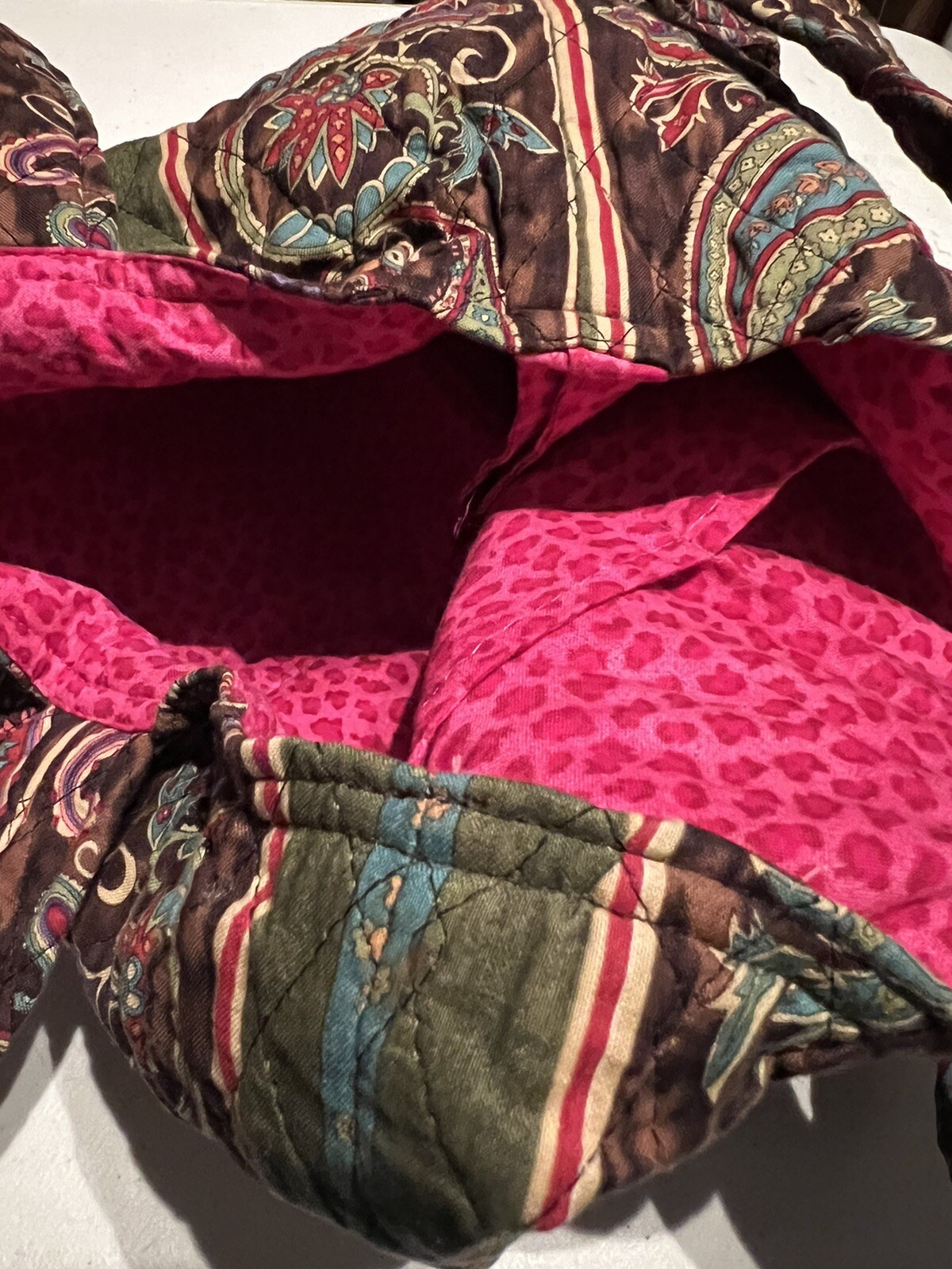 Handmade Quilted Tote Shoulder BAG PURSE Brown Floral Paisley Lined Pink Pocket