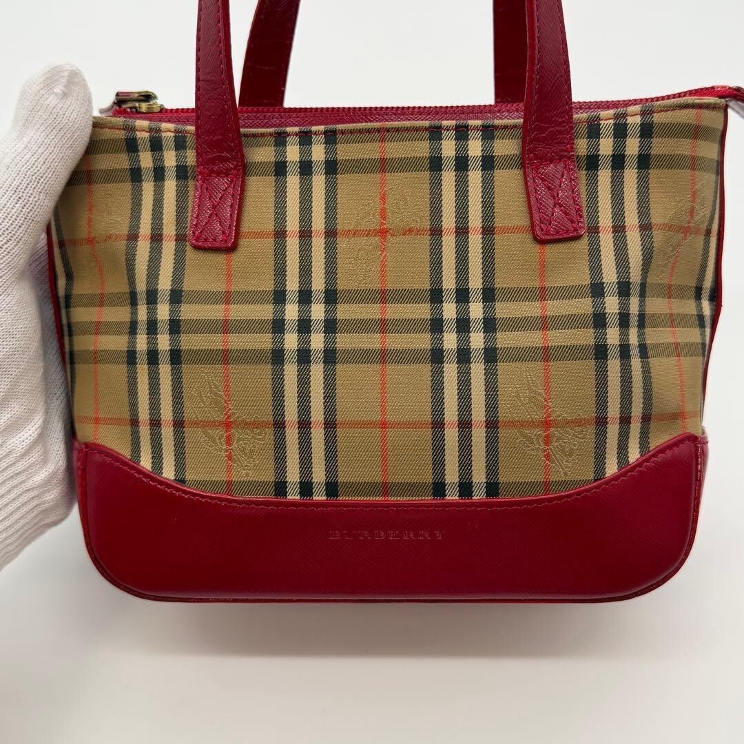 Burberry Red Nova Check Canvas Leather Tote Bag Horse Logo Vintage Self Standing