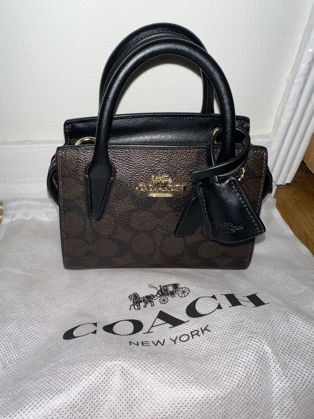 New Coach Mini Bag In Signature Canvas In Gold/Walnut/Black