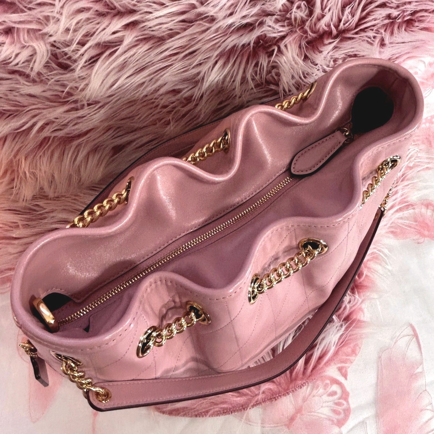 NEW Coach Evelyn Quilted Leather Shoulder Bag Carnation Pink Gold Chain CDR00