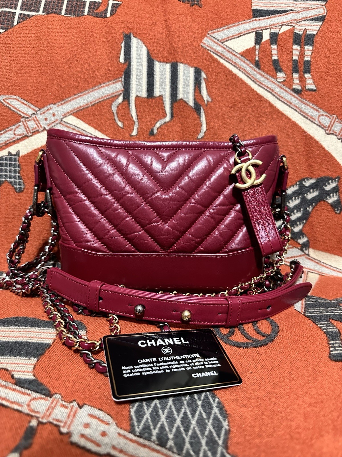 CHANEL Burgundy Chevron Quilted Crossbody Bag Zip Chain Strap Gold Hardware