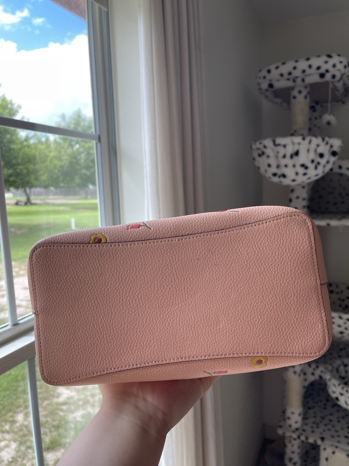 Coach Pink Pebbled Floral Print Shoulder Bag Zip Closure Gold Hardware