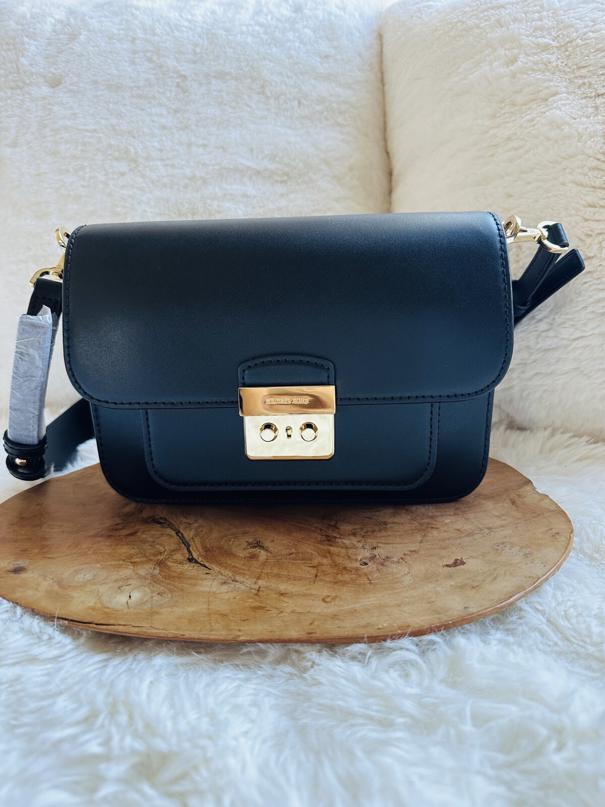 NWT MICHAEL KORS MK Sloan Editor Large Real Leather Shoulder Bag Black Gold