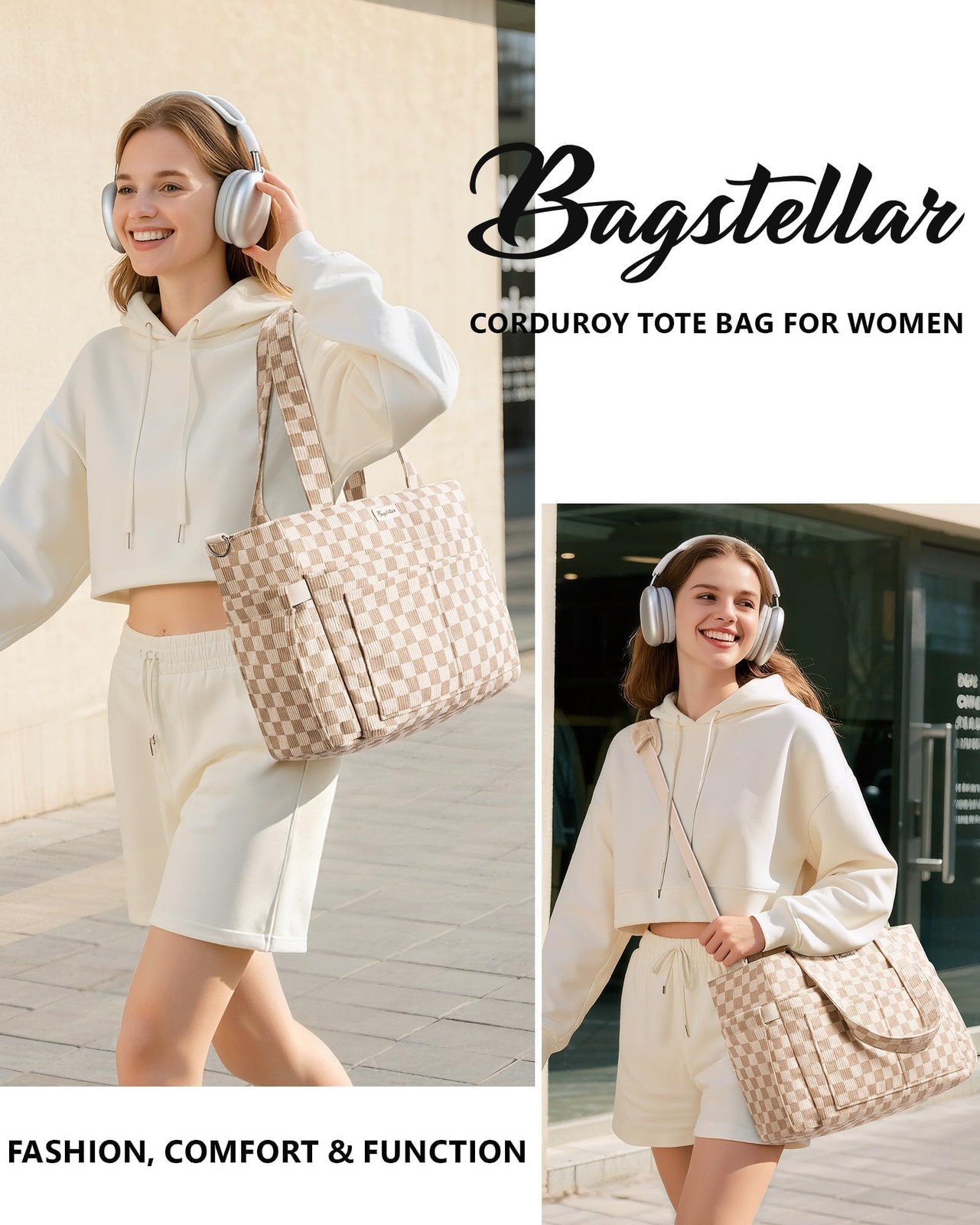 Bagstellar Corduroy Tote Bag for Women, 17 Pockets Laptop Work Tote Bag Lightwei