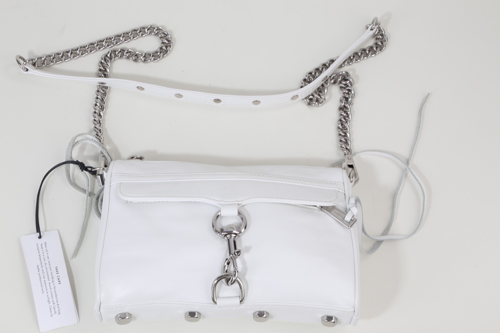 Rebecca Minkoff Mini MAC White Leather Crossbody Bag Silver Chain Dog Clip Purse
