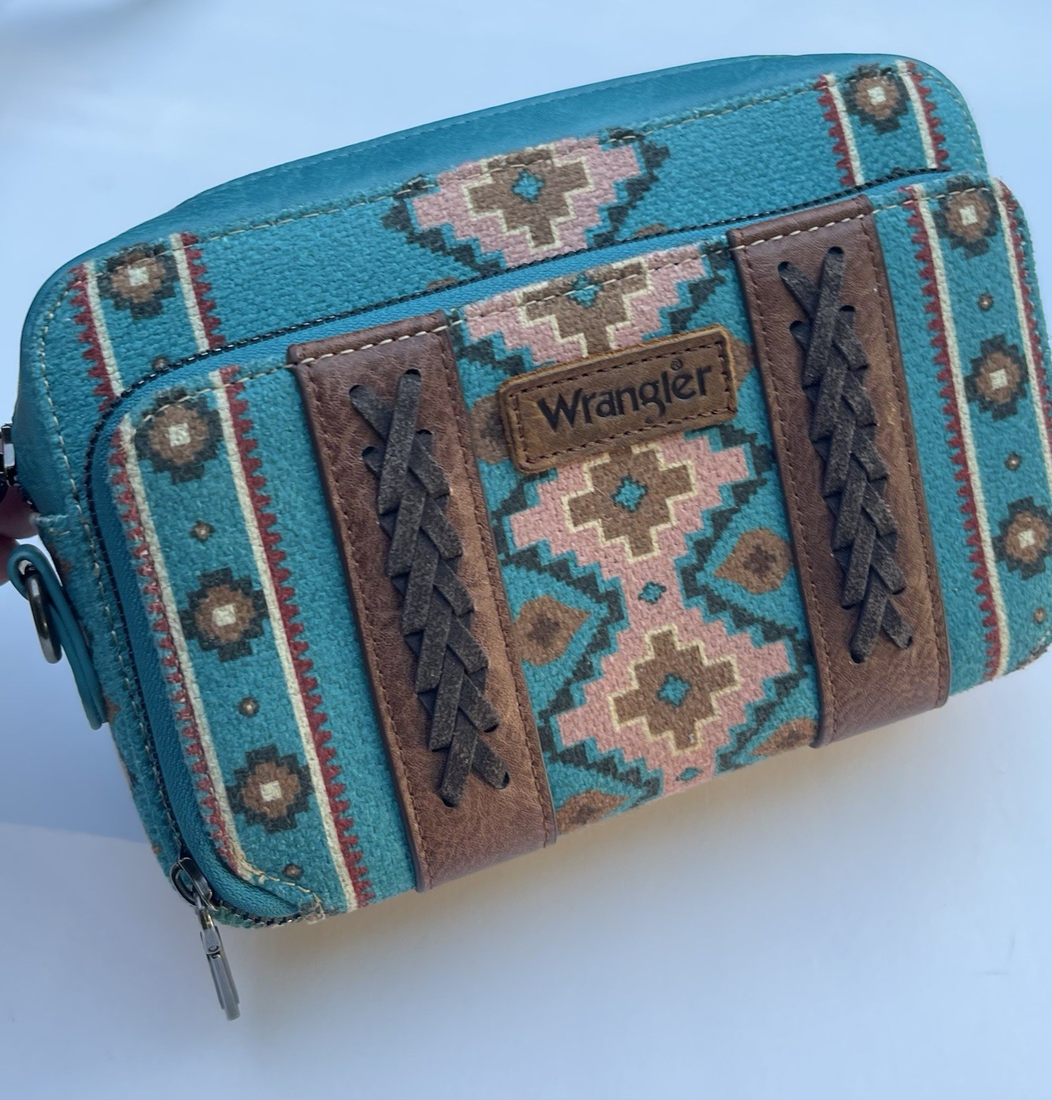 Wrangler Crossbody Bag Boho Aztec Small Multi Pocket Crossover Purse Turquoise