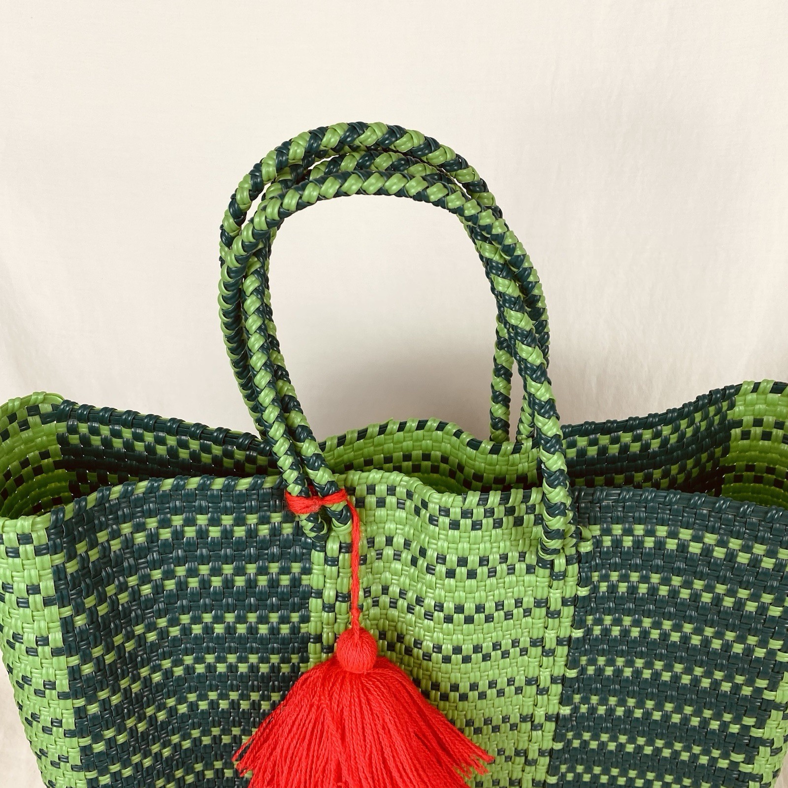 Oaxaca Mexico Hand Woven Recycled Plastic 13″ Green Market Tote Bag & Pom