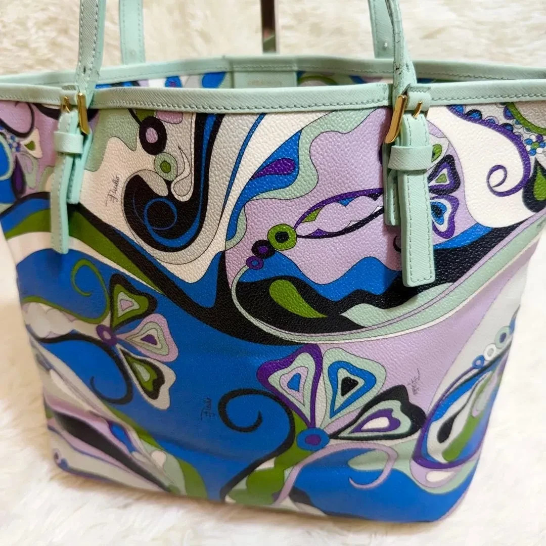 EMILIO PUCCI PVC Tote Bag Geometric Mint Green Purple Blue White 37cm