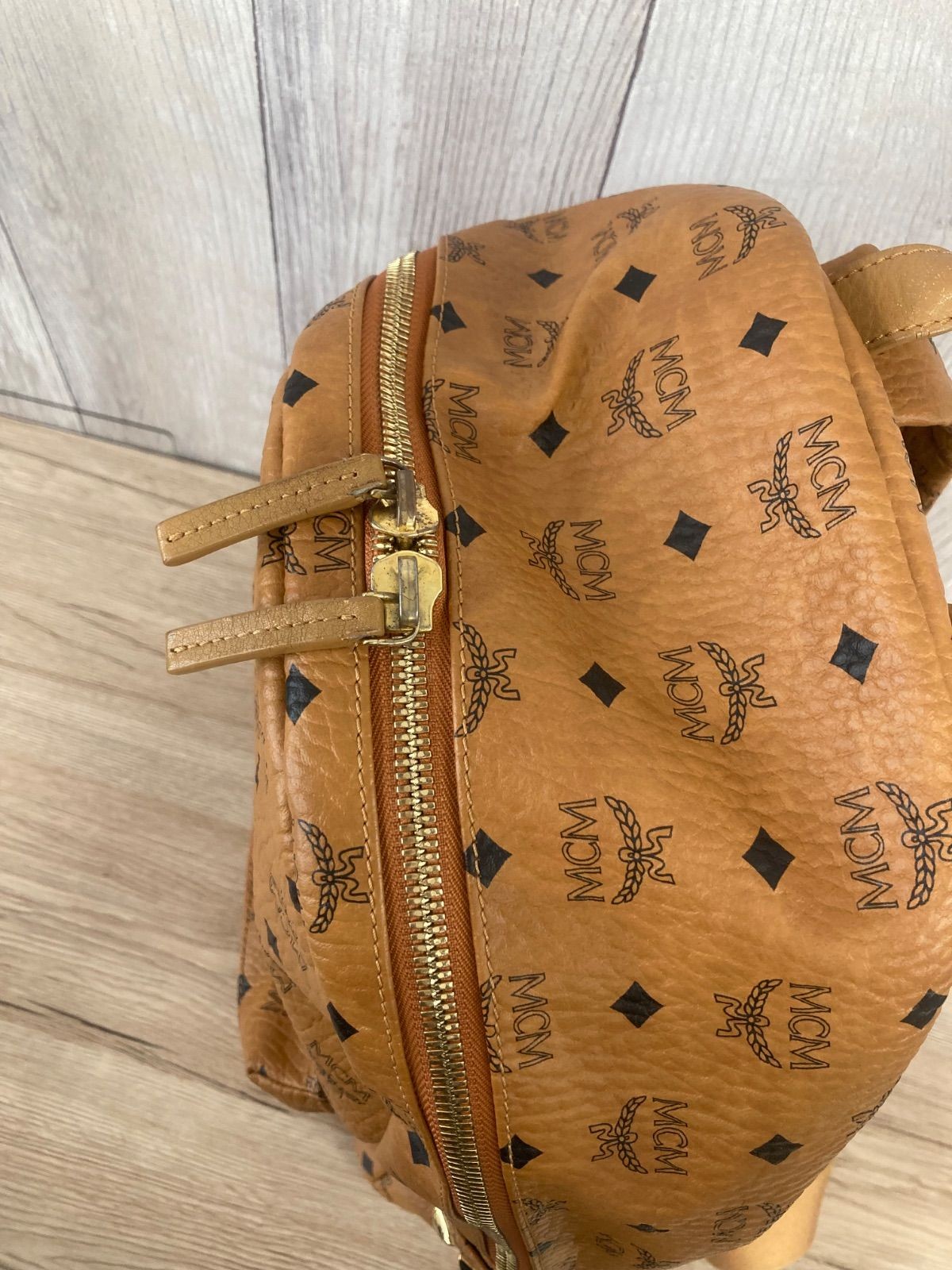 MCM Backpack Studded Visetos Pattern Leather Brown Gold Metal 40cm x 28cm x 15cm
