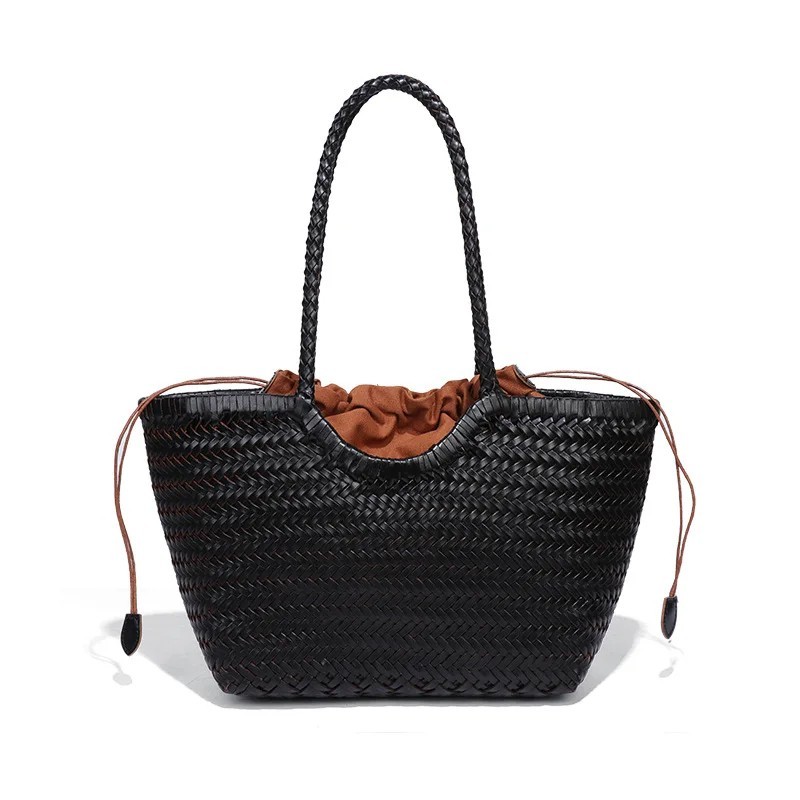 Vintage Hand Woven Genuine Leather Tote Bag French Basket Shoulder Bag summer