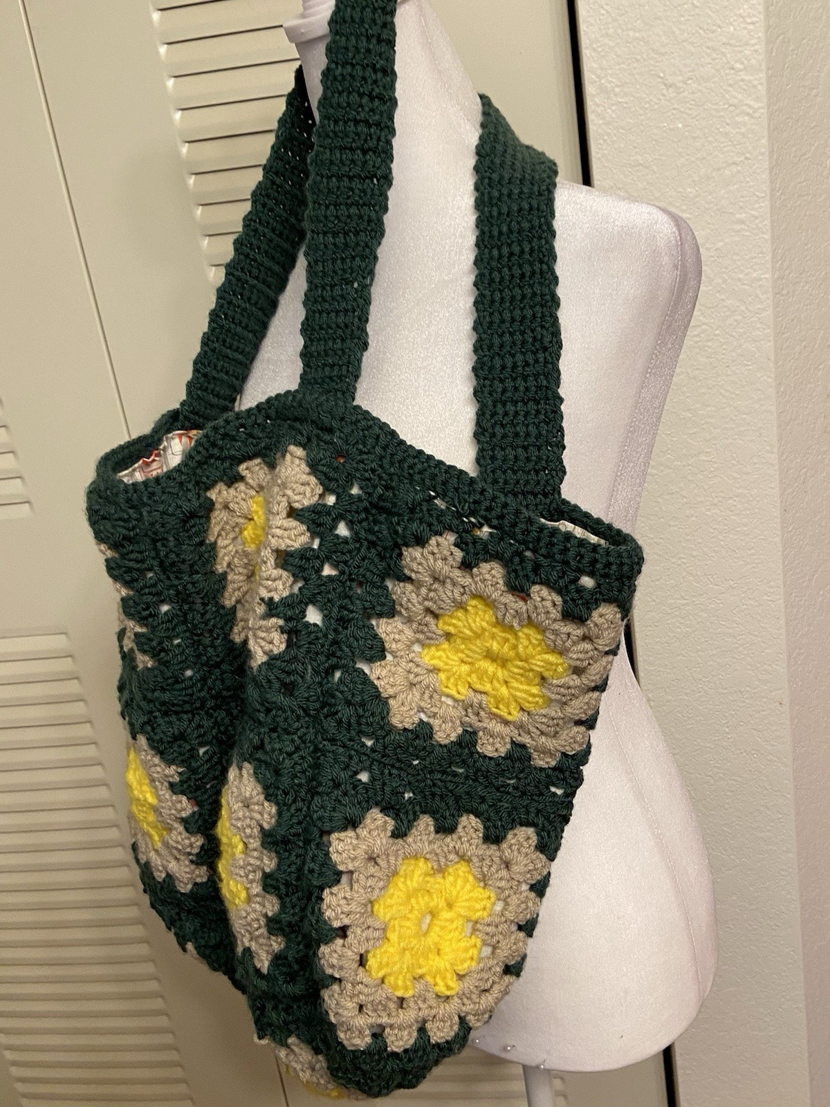 Handmade Crochet Granny Square Tote Green Yellow Gray Floral Lined Magnetic