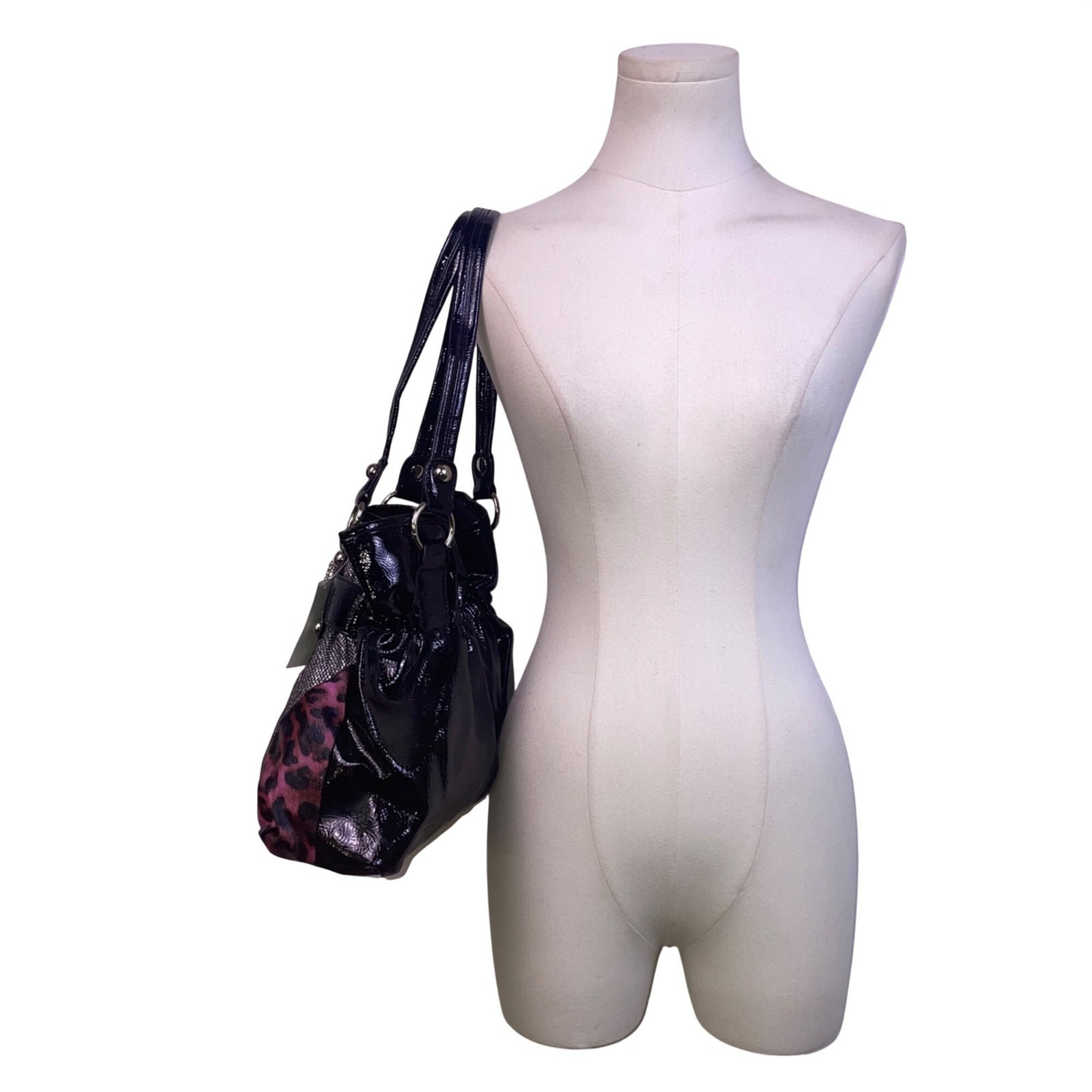 Women’s Black & Purple Sequin Leopard Patchwork Buckle Detail Shoulder Bag