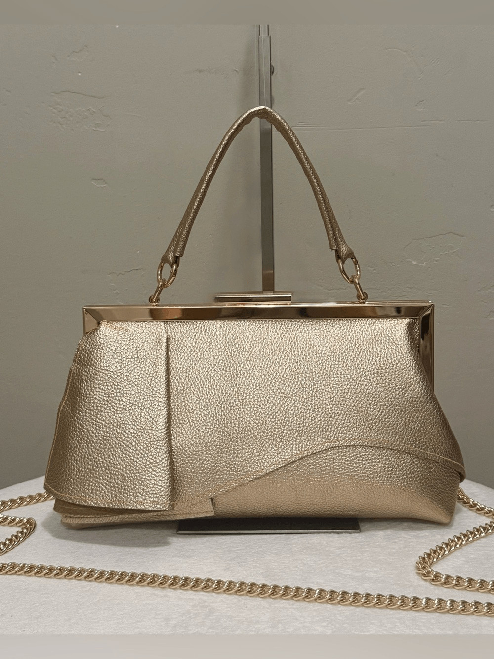 Gold Pebble Leather Handmade Asymmetrical Ruffles Push Lock Frame Bag