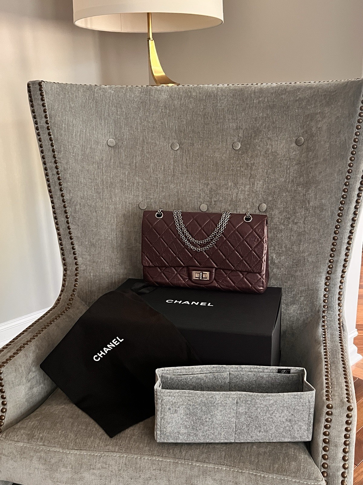 Chanel Reissue 2.55 Double Flap Bag Aged Calfskin 227 Prune Purple SHW Jumbo