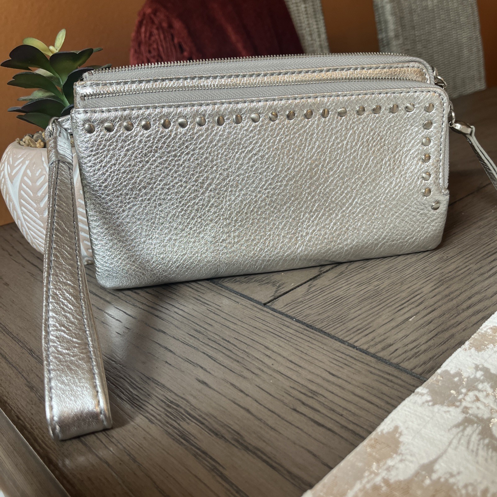 Boho Studded Argento Metallic Silver Wristlet Genuine Leather MSRP 178.00