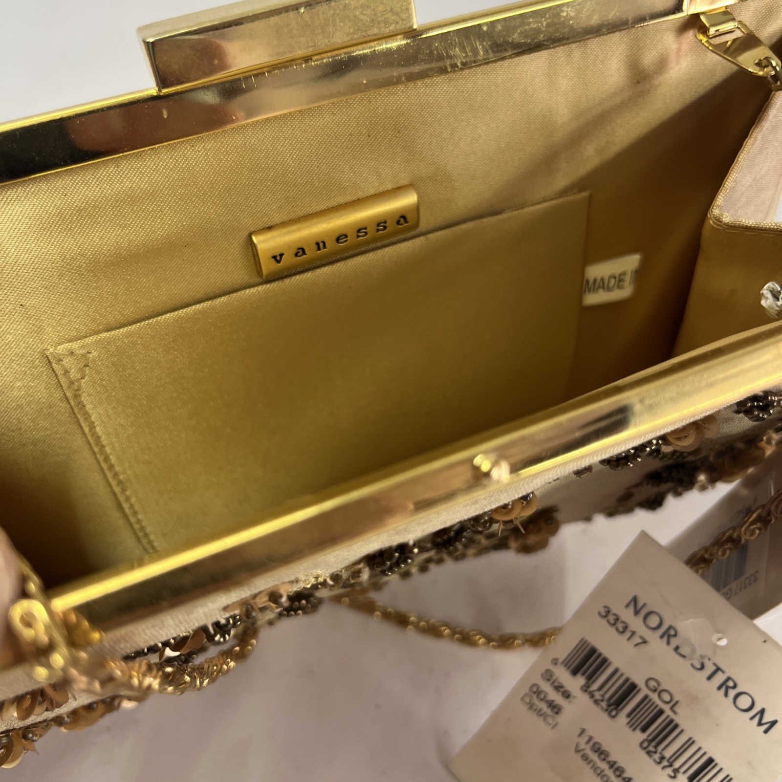 Vanessa Beaded & Embroidered Gold Evening Clutch w/Hideway Chain 8×5 Tags